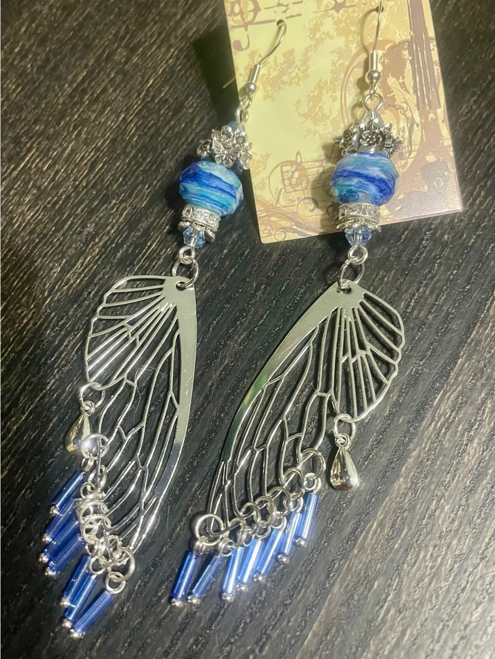 Starry Night Silver Wing Dangle Earrings - Picture 8 of 8